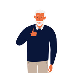 Flat vector cartoon illustration of a smiling elderly man giving a thumbs up. Isolated design on a white background.