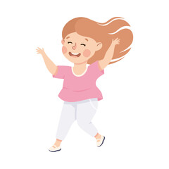 Happy Girl Jumping with Joy and Hands Up Cheering and Having Fun Vector Illustration