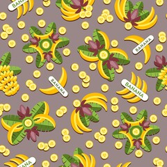 Seamless background with bananas, logos, emblems, badges with bananas, banana flowers, leaves, slices, bunch of bananas. Good for decoration of food package, wrapping. Vector pattern