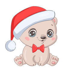 Illustration of a cute cartoon christmas polar bear isolated on a white background. Cute cartoon Christmas animals.