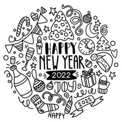 Hand Drawing Vector Lineart Happy New Year Doodle Set. Use for greeting card, celebration, festival, design, print, postcard, poster, pattern, coloring book.