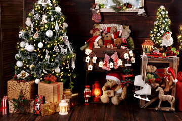 Christmas background with interior of rustic style room with Christmas tree and decors