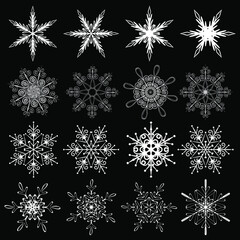 a set of hand-drawn white snowflakes, flat illustration, black background, design elements for decorating a greeting card or a Christmas post on a social network, vector graphics