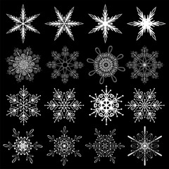 Naklejka na ściany i meble a set of hand-drawn white snowflakes, flat illustration, black background, design elements for decorating a greeting card or a Christmas post on a social network, vector graphics