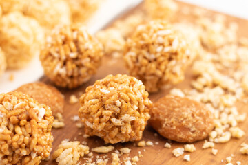 Indian Winter Delicacy Lai Laddu Gajak Or Kurmura Laai Ke Ladoo Made Of Puffed Rice Parmal Murmura Mixed With Jaggery Syrup Gur Chasni Or Gud Ki Chashni Is Mostly Enjoyed On Makar Sankranti And Lohri