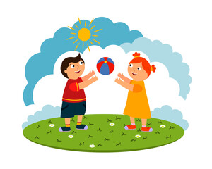 Obraz na płótnie Canvas Vector illustration of children playing with a ball outside in summer in nature