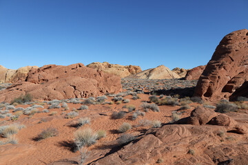 Valley of Fire State Park is a public recreation and nature preservation area covering nearly 46,000 acres located 16 miles south of Overton, Nevada. The state park derives its name from red sandstone