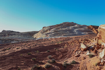 Fototapeta premium Valley of Fire State Park is a public recreation and nature preservation area covering nearly 46,000 acres located 16 miles south of Overton, Nevada. The state park derives its name from red sandstone