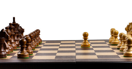 The beginning of a chess game, the concept of starting a business or confrontation, a wide view.