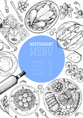 Food top view. Sketch illustration. Hand drawn. Food menu design template. Hand drawn sketch vector illustration.