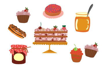 A set of sweet confectionery products: a donut, a large three-layer cake, cupcakes with cream, eclair, honey in a jar, raspberry jam. Isolated treats on a white background. Vector EPS10.