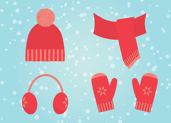 warm knitted winter cloth accessories: hat, scarf, earmuffs and gloves  - vector illustration - obrazy, fototapety, plakaty