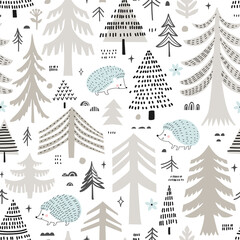 Seamless pattern  with  pine trees and hedgehogs. Vector background in scandinavian style.
