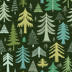 Seamless pattern  with  pine trees on green background. Stylized forest background. Vector illustration. - 474958938