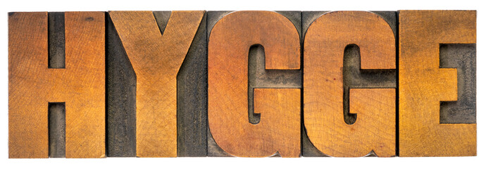 hygge - isolated word abstract in vintage letterpress wood type blocks, Danish cozy lifestyle concept