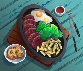 Pan foods. Salad, scrambled egg, meat, potatoes fries, sauce, croutons