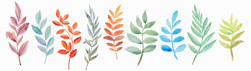 An assortment of twigs with leaves of different shapes and shades on a white background. Watercolor drawing.
