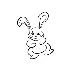 Dancing rabbit, black linear childrens illustration on a white background, cute little animal