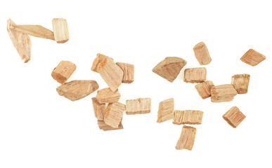 Wood chips isolated on a white background, top view. Wood smoking chips. - obrazy, fototapety, plakaty