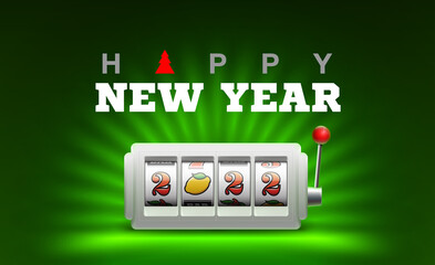 2022 Happy New Year casino style greeting card with slot machine. Merry Christmas Xmas pokies, slot machine design banner. New year 2022 gambling party green color poster with puggy one-armed bandit