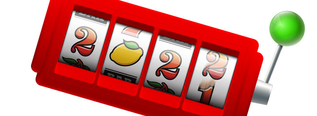 2022 Happy New Year casino greeting card with slot machine. Merry Christmas Xmas slot machine design banner. New year 2022 gambling party red color poster with puggy one-armed bandit isolated on white