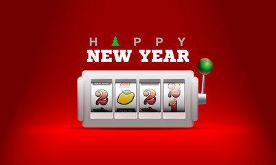 2022 Happy New Year casino style greeting card with slot machine. Merry Christmas Xmas pokies, slot machine design banner. New year 2022 gambling party red color poster with puggy one-armed bandit - obrazy, fototapety, plakaty