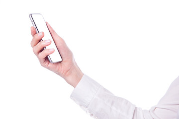 Close up of a senior woman hand holding modern smartphone isolated on white background