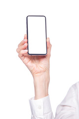 Close up of a senior woman hand holding modern smartphone showing the screen isolated on white background