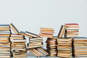 Obraz premium Stacks of books for teaching knowledge library university school white background