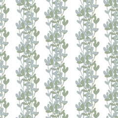 Floral climber seamless vector pattern background. Climbing foliage backdrop in sage green grey white. Stripe effect vertical columns of trailing leaves.Geometric design. Botanical repeat for wellness