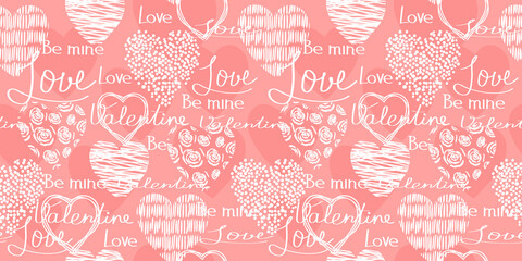 Modern artistic illustration pattern with white color hearts on pink.Collage  shapes of hearts with textures and hand-drawn text.Valentine's Day background with silhouettes.Vector seamless template.