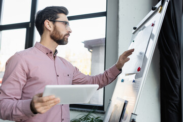 Fototapeta premium Side view of businessman holding digital tablet near flip chart in office.
