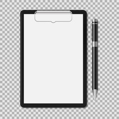 Clipboard with an empty sheet of paper and pen.Vector illustration isolated on white background.