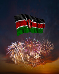 Holiday fireworks and flag of Kenya