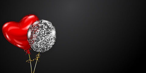 Vector illustration with two red and silver helium balloons, round and heart-shaped, on black background