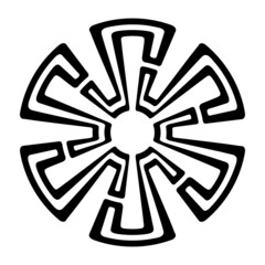 Abstract circular ornament. Isolated ethnic symbol. Rosette of geometric elements. Tribal ethnic motif. Stencil tattoo and prints. Round vector pattern. Decorative design element.