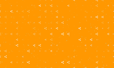 Seamless background pattern of evenly spaced white share symbols of different sizes and opacity. Vector illustration on orange background with stars
