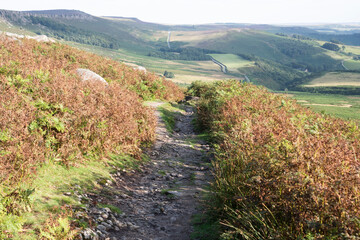 A pathway through browning heathers overlooking the moorland valley landscape beneath Stanage Edge, Peak District, UK
