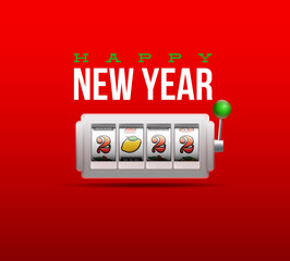 2022 Happy New Year casino style greeting card with slot machine. Merry Christmas Xmas pokies, slot machine design banner. New year 2022 gambling party red color poster with puggy one-armed bandit