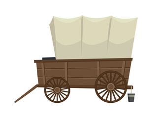 Wild west cartoon wagon with tent. Old western carriage icon isolated on white background