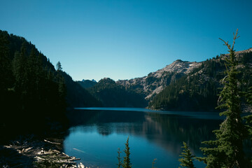 Rich blues colors coming from the lake and sky in the middle of summer in the Pacific Northwest