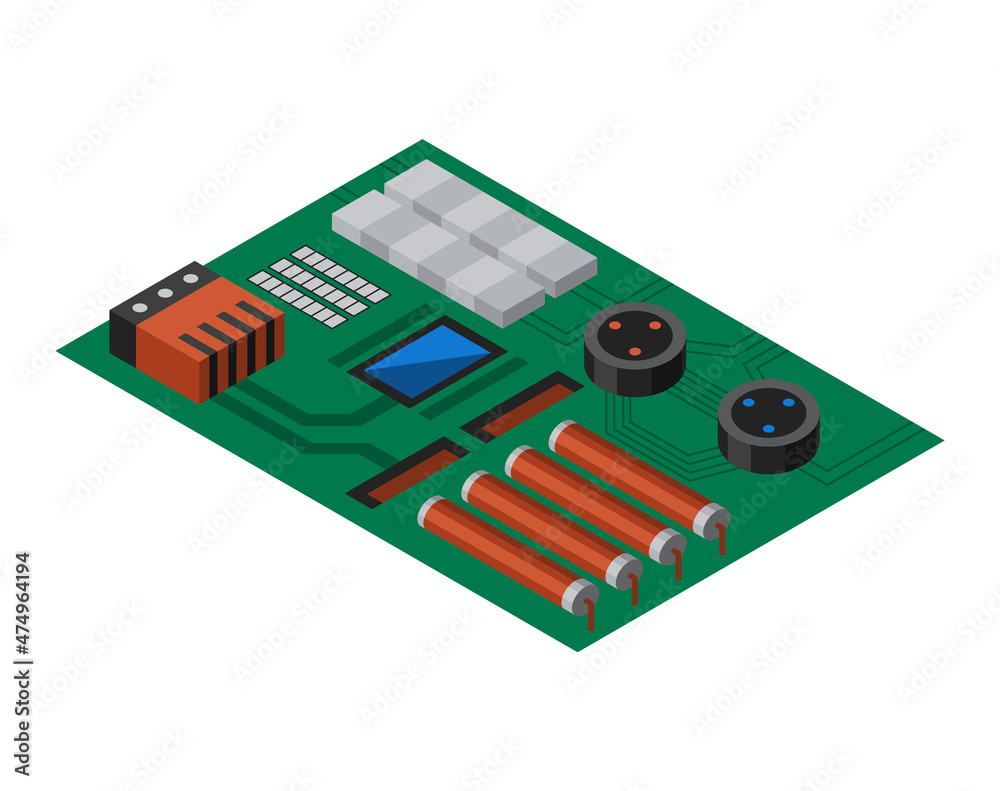 Aufkleber isometric circuit board with electronic components. computer chip technology processor circuit and c