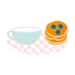 Breakfast concept. Fresh pancakes with a cup of milk or drink, flat beautiful design. Vector illustration.