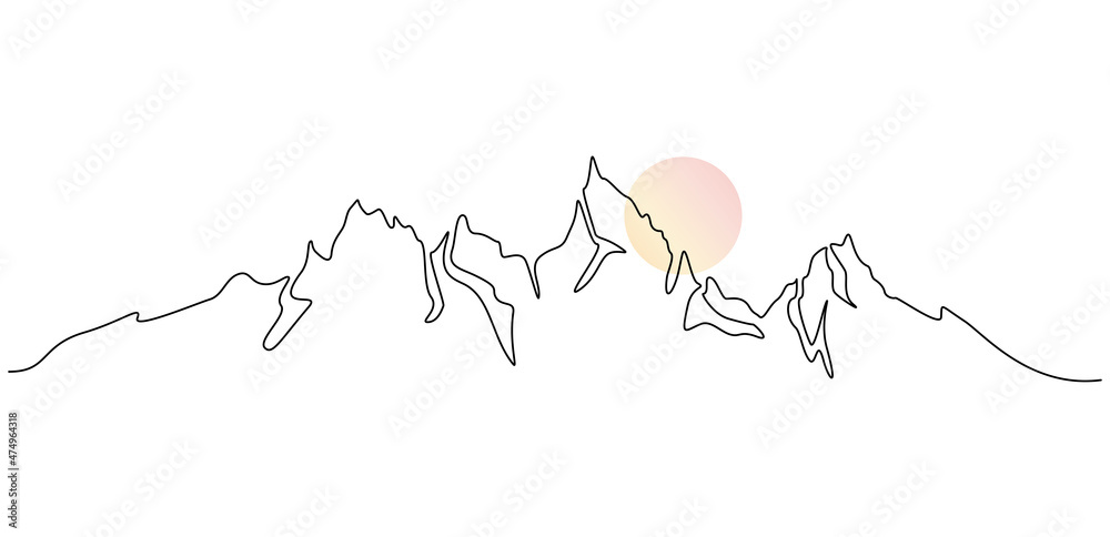 Leinwandbilder One continuous line drawing of mountain range landscape with color sun. Abstract scandinavian ridges and hills in simple linear style. Modern panoramic sketch. Doodle vector illustration