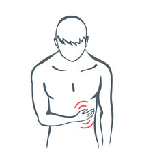 Body part pain. Man feels pain in abdomen of body marked with red lines. Vector foci of pain or trauma symbols, grey art line illustration