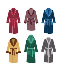 Men home clothes bathrobes different styles. Male homewear collection, vector flat illustration. Comfortable clothes to wear at home. Soft cozy cotton adult bath robes for relax on weekend
