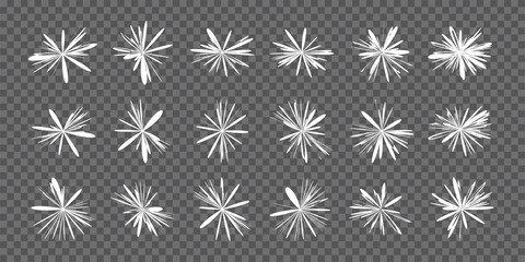 Big set of sun rays flowers and starbursts. Abstract white beam glow explosion and shine halo effect sunshine isolated on transparent background. Vector illustration