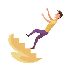 Falling man. Falling down people because fall of stairs, accident. Young men dangerous accident. Danger, risk. Bad luck, misfortune, fiasco. Business failure, company crash concept