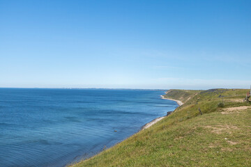 A panoramic view of the Baltic coastline at the Ales Stenar spot in Österlen region, Sweden