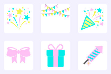 A set of party decoration illustrations. This illustration has elements such as ribbons, presents, firecrackers, fireworks, bow